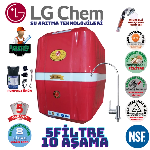 LG Chem COOL KIRMIZI BEYAZ POMPALI MONTAJ DAHİL 8 LİTRE 5 FİLTRE 10 AŞAMA SU ARITMA CİHAZI ürün görseli 1