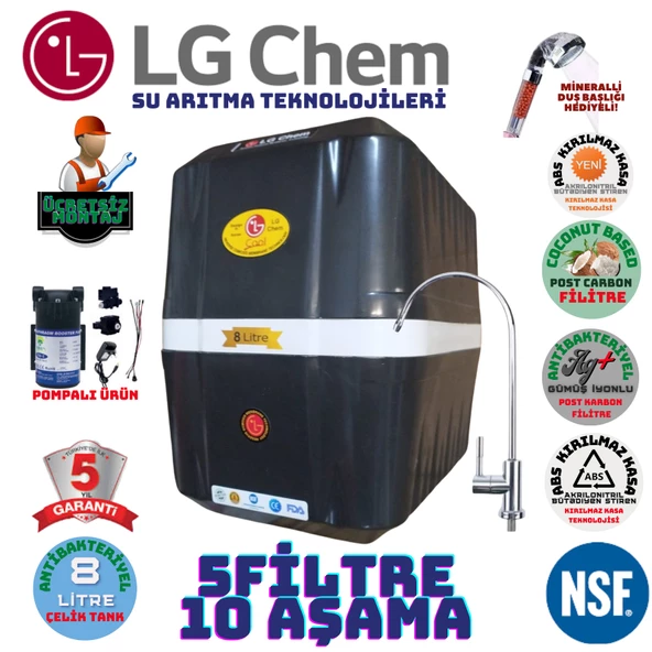 LG Chem COOL SİYAH BEYAZ POMPALI MONTAJ DAHİL 8 LİTRE 5 FİLTRE 10 AŞAMA SU ARITMA CİHAZI ürün görseli 1
