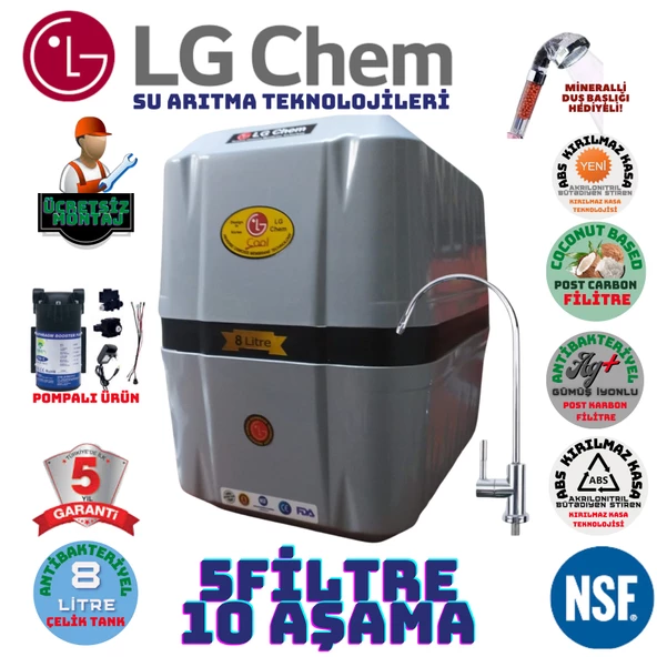 LG Chem COOL GRİ SİYAH POMPALI MONTAJ DAHİL 8 LİTRE 5 FİLTRE 10 AŞAMA SU ARITMA CİHAZI ürün görseli 1