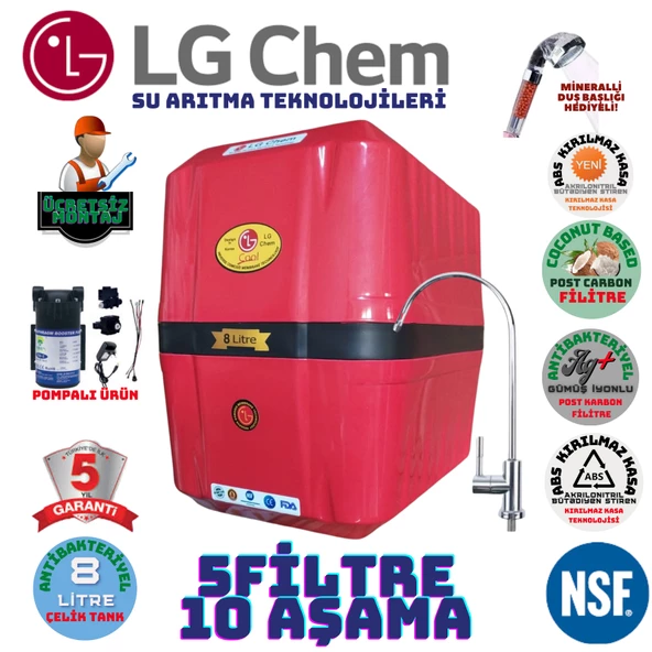 LG Chem COOL KIRMIZI SİYAH POMPALI MONTAJ DAHİL 8 LİTRE 5 FİLTRE 10 AŞAMA SU ARITMA CİHAZI ürün görseli 1