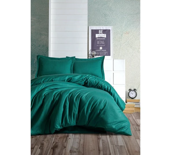 Cotton Box Elegant Stripe Saten Çift Kişilik Nevresim Takımı Petrol ürün görseli 1