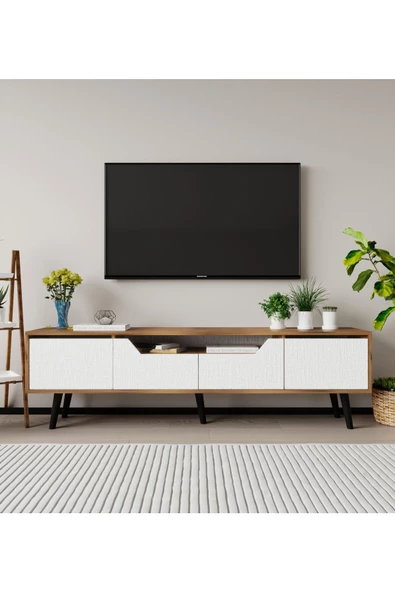 VM VERTEX MOBİLYA Roma Ahşap Ayaklı Tv Ünitesi Tv Sehpası Ceviz-Beyaz ürün görseli 1