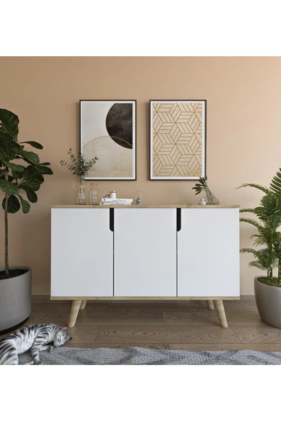 VM VERTEX MOBİLYA Verona 120 Cm Konsol, Kahve Köşesi, Tv Ünitesi, Çok Amaçlı Ahşap Ayaklı Konsol Safir Meşe-beyaz ürün görseli 1