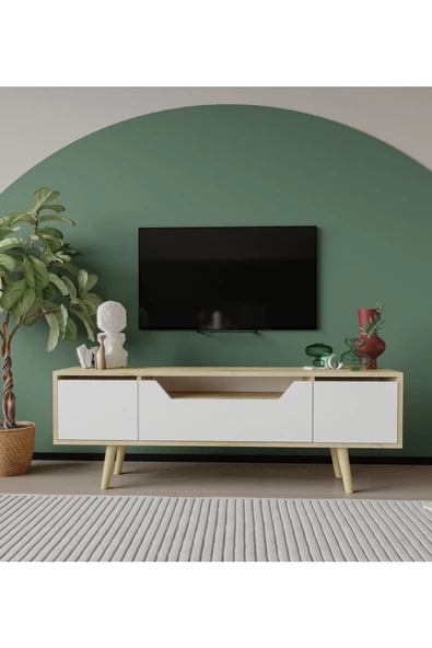 VM VERTEX MOBİLYA Roma Ahşap Ayaklı Tv Ünitesi Tv Sehpası Safir Meşe-Beyaz 150 Cm ürün görseli 1