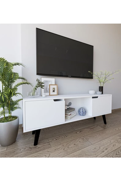 VM VERTEX MOBİLYA Siena Ahşap Ayaklı Tv Ünitesi Beyaz Televizyon Konsolu 140 Cm Ekonomik Modül Sehpa ürün görseli 1