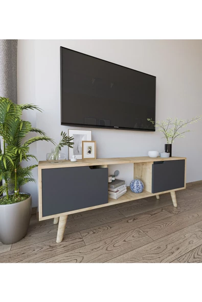 VM VERTEX MOBİLYA Siena Ahşap Ayaklı Tv Ünitesi Safir Meşe-antrasit Televizyon Konsolu 140 Cm Ekonomik Modül Sehpa ürün görseli 1