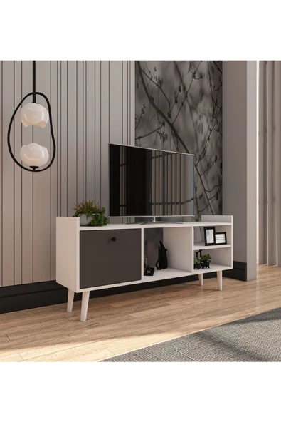 VM VERTEX MOBİLYA Leo Tv Ünitesi Beyaz-antrasit Televizyon Konsolu 140 Cm Ekonomik Modül Sehpa ürün görseli 1