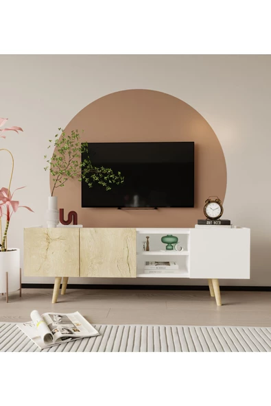 VM VERTEX MOBİLYA Milano Ahşap Ayaklı Modern Tv Ünitesi 160 Cm Safir Meşe - Beyaz ürün görseli 1