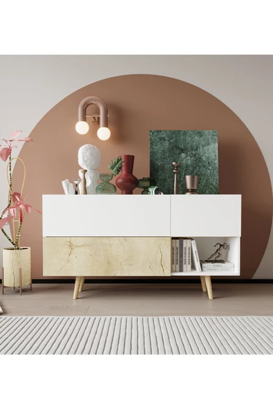 VM VERTEX MOBİLYA Bolonya Ahşap Ayaklı Modern Konsol 150 Cm Safir Meşe-Beyaz ürün görseli 1