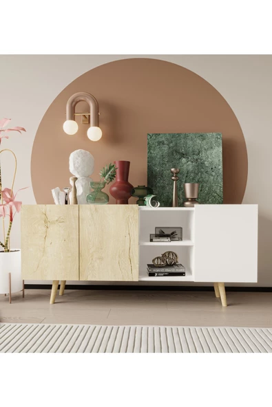 VM VERTEX MOBİLYA Milano Ahşap Ayaklı Modern Konsol 160 Cm Safir Meşe - Beyaz ürün görseli 1