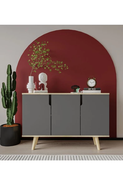 VM VERTEX MOBİLYA Verona 120 Cm Konsol, Kahve Köşesi, Tv Ünitesi, Çok Amaçlı Ahşap Ayaklı Konsol Safir Meşe-Antrasit ürün görseli 1
