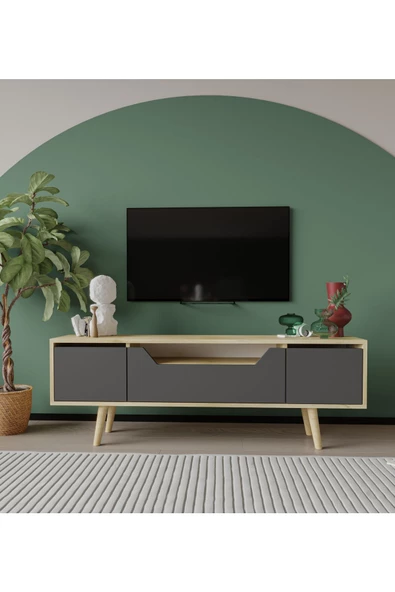 VM VERTEX MOBİLYA Roma Ahşap Ayaklı Tv Ünitesi Tv Sehpası Safir Meşe - Antrasit 150 Cm ürün görseli 1