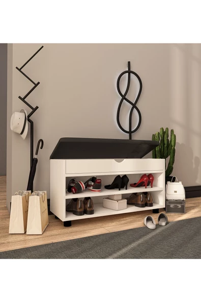 VM VERTEX MOBİLYA Alin Beyaz Ayakkabılık Bench - Resim 2