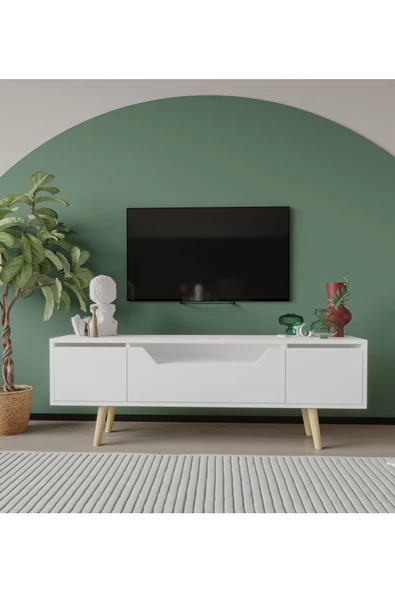 VM VERTEX MOBİLYA Roma Ahşap Ayaklı Tv Ünitesi Tv Sehpası Beyaz 150 Cm ürün görseli 1