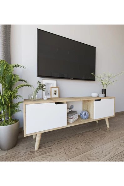 VM VERTEX MOBİLYA Siena Ahşap Ayaklı Tv Ünitesi Safir Meşe-beyaz Televizyon Konsolu 140 Cm Ekonomik Modül Sehpa ürün görseli 1