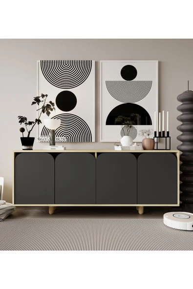 VM VERTEX MOBİLYA Lazio Bohem Ahşap Ayaklı Modern Konsol 180 Cm Safir Meşe-Antrasit ürün görseli 1