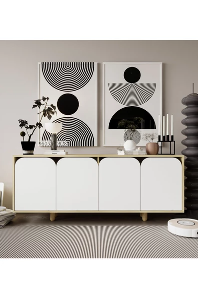VM VERTEX MOBİLYA Lazio Bohem Ahşap Ayaklı Modern Konsol 180 Cm Safir Meşe-Beyaz ürün görseli 1
