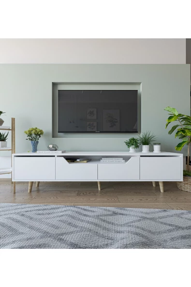 VM VERTEX MOBİLYA Roma Ahşap Ayaklı Tv Ünitesi Tv Sehpası Beyaz ürün görseli 1