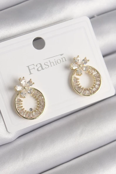 Pirinç Gold Renk Zirkon Taşlı Halka Model Çiçek Figür Kadın Küpe TJ-BKP9762 ürün görseli 1
