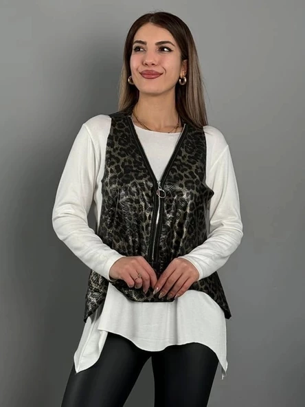 Kadın Yılan Desen Fermuar Detay Yelek Ve Asimetrik Kesim Bluz Salaş Ikili Takım ürün görseli 1