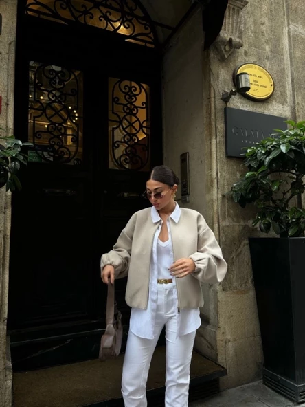 Kaşe Kaşmir Fermuarlı CEKET - Bej - Resim 3