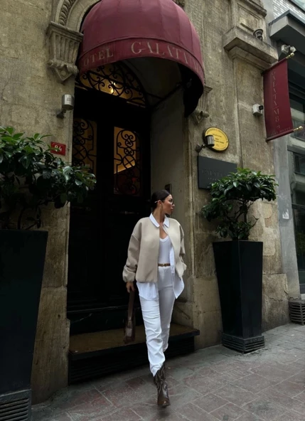 Kaşe Kaşmir Fermuarlı CEKET - Bej - Resim 2