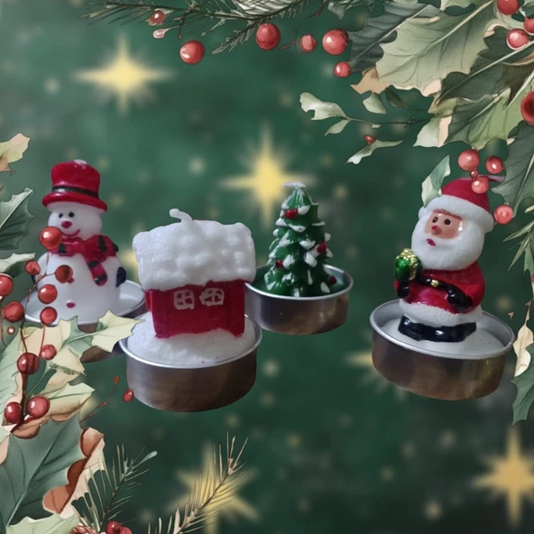 VIP DELUXE 12 ADET NOEL TEALİGHT MUM NOEL BABA KARDAN ADAM ÇAM AĞACI NOEL EVİ GERÇEK YILBAŞI MUMU ürün görseli 1