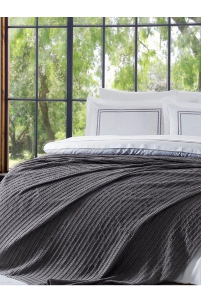 7 Parça Yatak Örtülü Çeyizlik Nevresim Takımı ( Gelin Seti ) Natural Breeze Antrasit ürün görseli 1