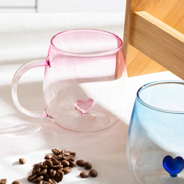 Porsima PBT-707 Dream Love Hearts - 400ml Romantik Kalp Tasarımlı 2'li Renkli Borosilikat Cam Kupa Seti ürün görseli 1