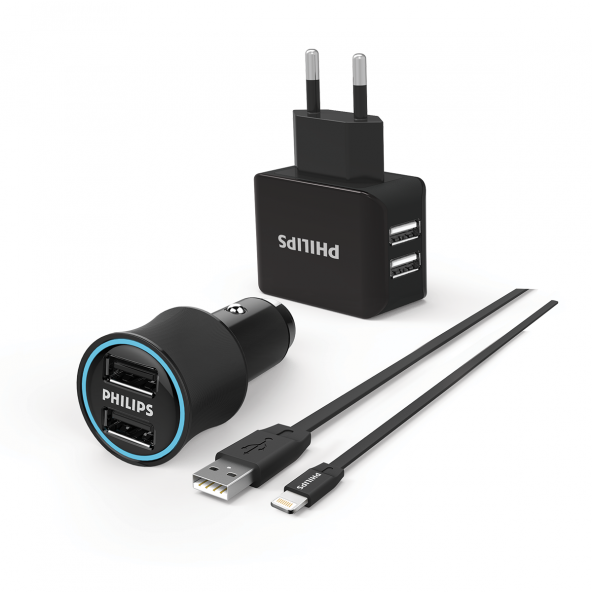 Philips DLP2553EL Araç & Duvar Şarj Cihazı ve MFI Lisanslı Lightning Şarj Kablousu Bir arada Ürün ürün görseli 1