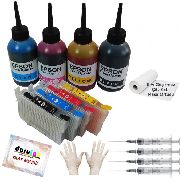 EPSON T1291-T1294 UYUMLU KOLAY DOLAN KARTUŞ+4x100ml MÜREKKEP 4 RENK (DOLU) ürün görseli 1