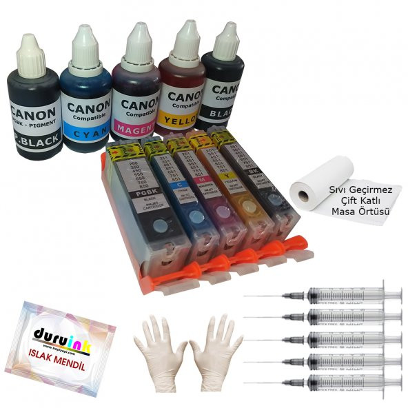 CANON iP7200 iP7240 iP7250 UYUMLU KOLAY DOLAN KARTUŞ+5X50ml MÜREKKEP 5 RENK (DOLU) ürün görseli 1