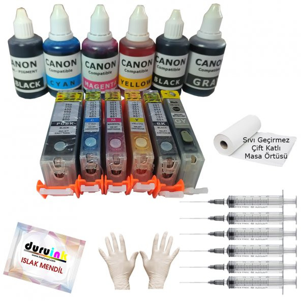 CANON MG7500 MG7550  UYUMLU KOLAY DOLAN KARTUŞ+6x50ml MÜREKKEP 6 RENK (DOLU) ürün görseli 1