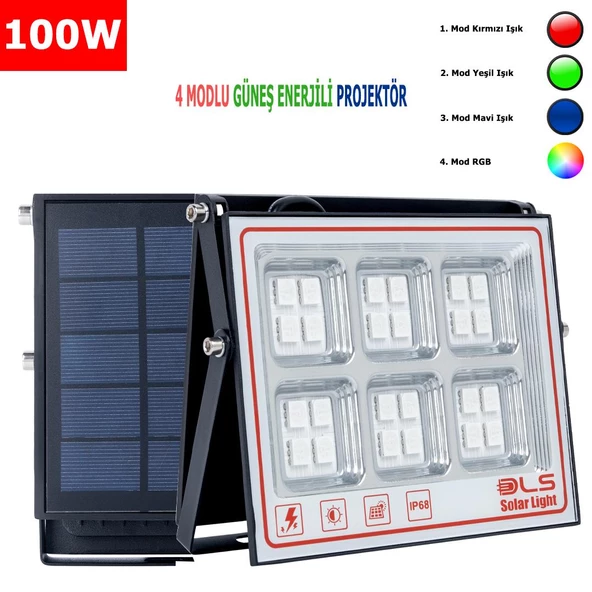 100 SOLAR 5 MODLU GÜNEŞ ENERJİLİ LED PROJEKTÖR  MAVİ YEŞİL KIRMIZI VE RGB RENK AYDINLATMA ürün görseli 1