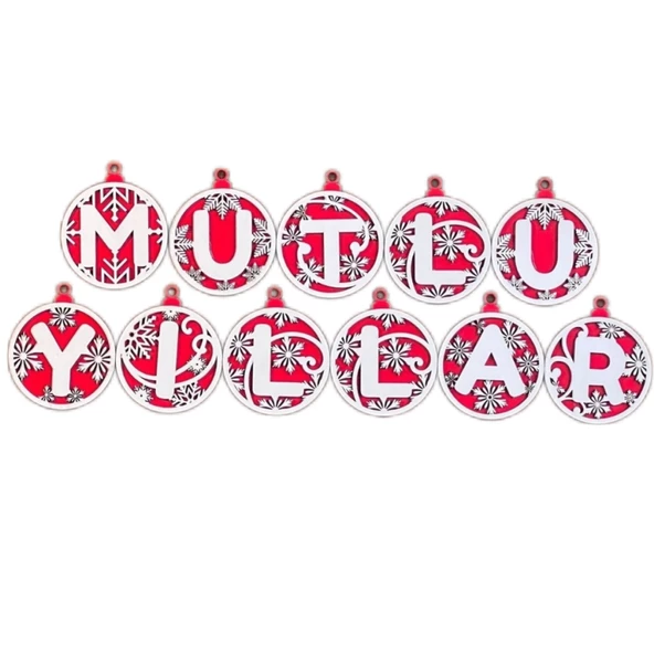 Ağaç Süsü Ahşap Kırmızı Beyaz İpli 11 Harfli MUTLU YILLAR Yazılı Yılbaşı Ağaç Süsü ürün görseli 1