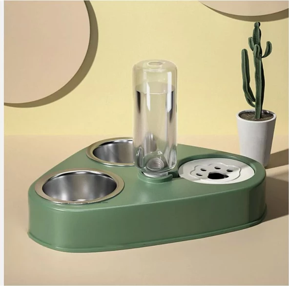 Monozone 3in1 Kedi Köpek Mama Su Kabı Paslanmaz Çelik Mama Kabı Tas Suluk Evcil Hayvan Kasesi(Yeşil) ürün görseli 1