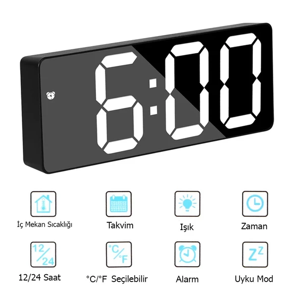 Monozone  Masa Saati Derece Alarm Takvim Pil(Dahil Değildir)+Şarjlı Led Işıklı Dijital ürün görseli 1