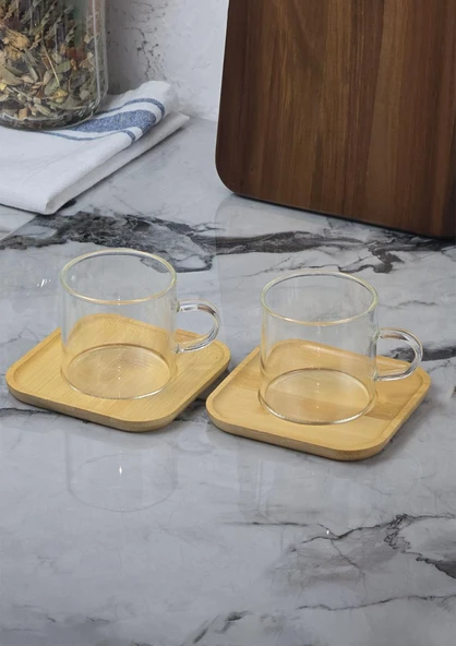 2li Kahve Fincan Takımı - Bambu Tabaklı Kahve Fincan Seti - 4 Parça - 100 ML ürün görseli 1
