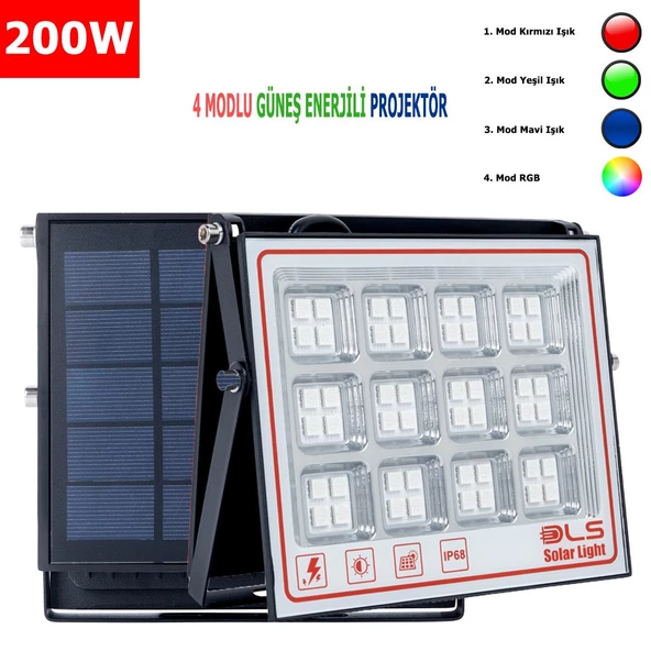 200 SOLAR 5 MODLU GÜNEŞ ENERJİLİ LED PROJEKTÖR  MAVİ YEŞİL KIRMIZI VE RGB RENK AYDINLATMA ürün görseli 1