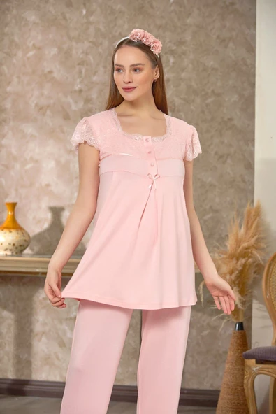 Dantelli Sabahlıklı Lohusa Pijama Takım Pudra 4127 ürün görseli 1