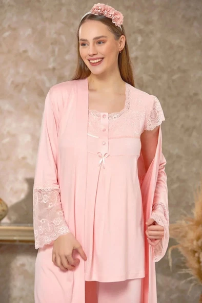 Dantelli Sabahlıklı Lohusa Pijama Takım Pudra 4129 ürün görseli 1