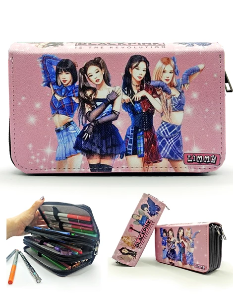 Kalem Kutusu Black Pink Blink Organizer Kalemkutu Vegan Deri Üç Bölmeli Kalemlik - Siyah ürün görseli 1