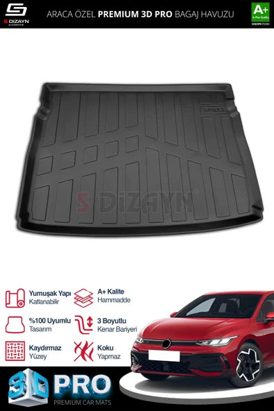S-Dizayn VW Golf 8 3D Pro Bagaj Havuzu Üst Bagaj 2021-2024 A+ Kalite ürün görseli 1