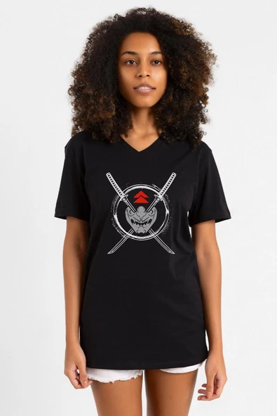 Ghost Of Tsushima Samurai Mask Siyah Kadın V yaka Tshirt ürün görseli 1