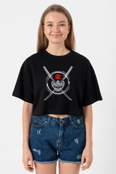 Ghost Of Tsushima Samurai Mask Siyah Kadın Crop Tshirt ürün görseli 1