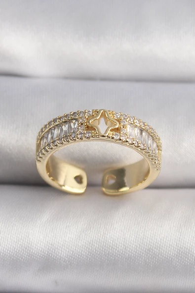Gold Renk Zirkon Taşlı Yıldız İşleme VIP Seri Kadın Yüzük - EBJ241214W30001 ürün görseli 1
