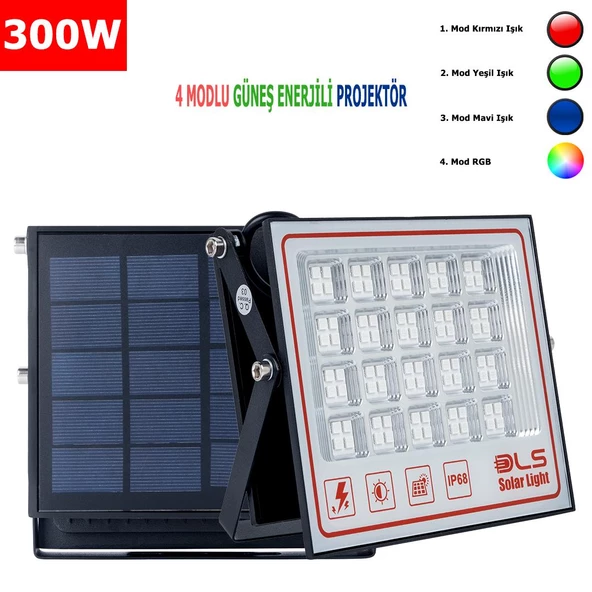 300 SOLAR 5 MODLU GÜNEŞ ENERJİLİ LED PROJEKTÖR  MAVİ YEŞİL KIRMIZI VE RGB RENK AYDINLATMA ürün görseli 1