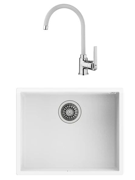 SQUARE 50.40 TG Tezgahaltı Granit Eviye, IN 995 FW Kuğu Mutfak Bataryası Beyaz Set ürün görseli 1