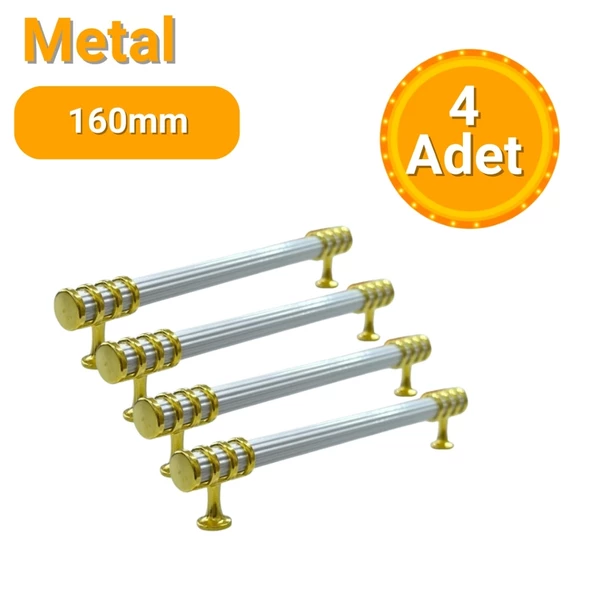 4 Adet Halka Boru Çizgili Altın Beyaz Metal Mobilya Kulpu 160mm ürün görseli 1