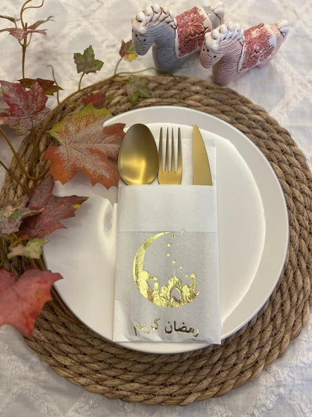 Gold Yaldızlı Beyaz Arapça Ay Desenli Ramadan Kerim Cepli Peçete 12 lı 40x40 ürün görseli 1